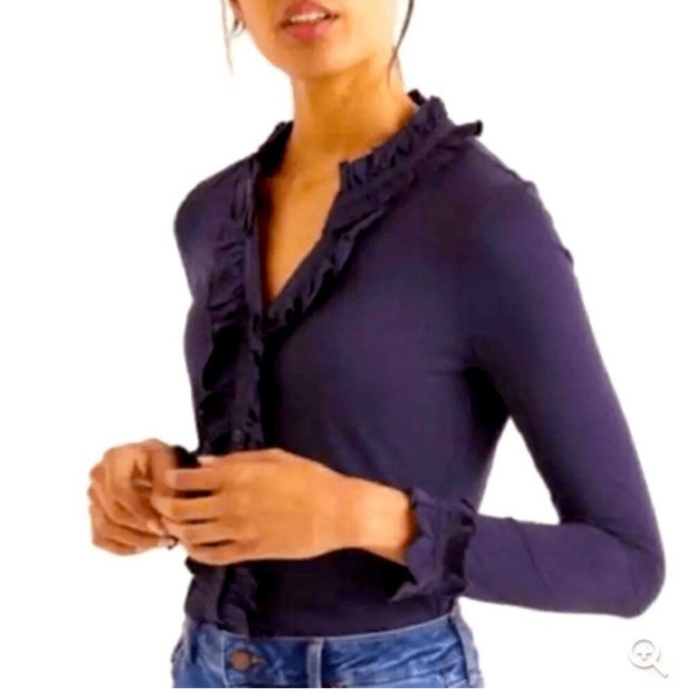 BODEN Alberta Button Front Ruffle Detail Navy Long Sleeve Top 10R